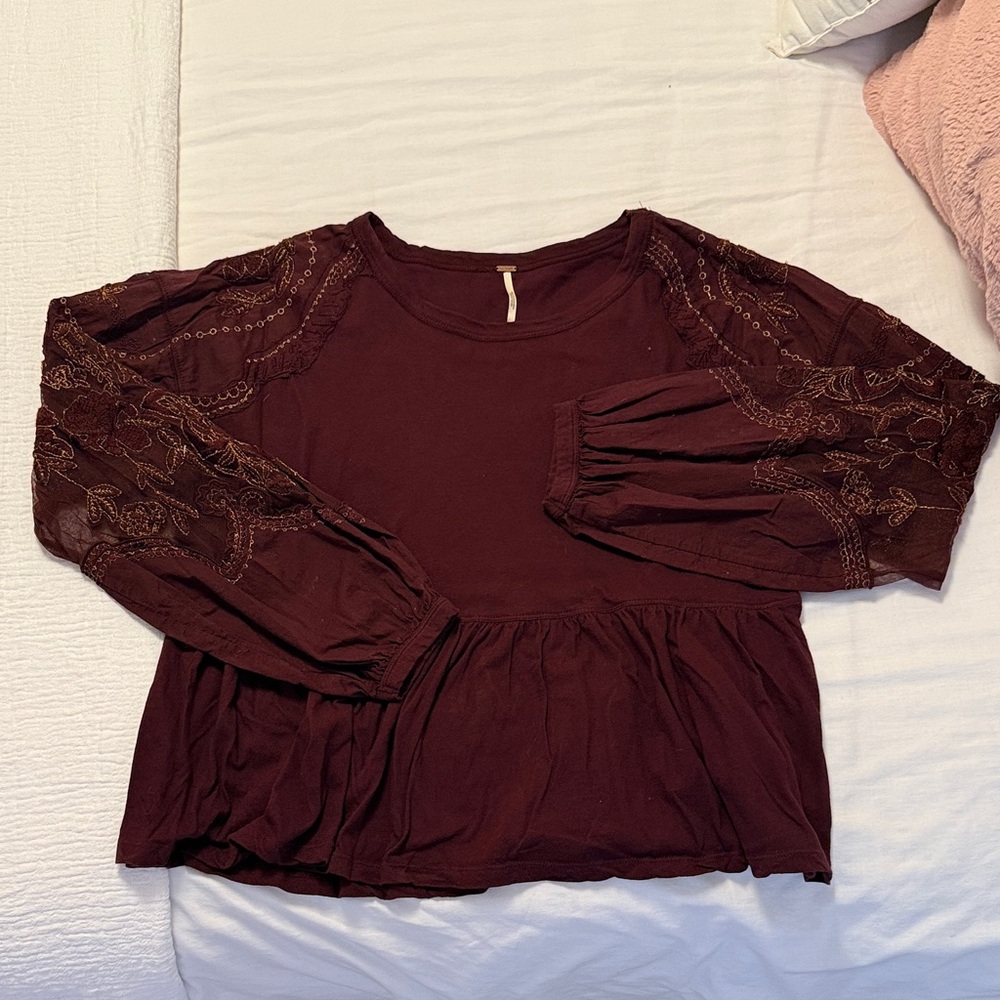 Free People Deep Burgundy Blouse with Embroidery